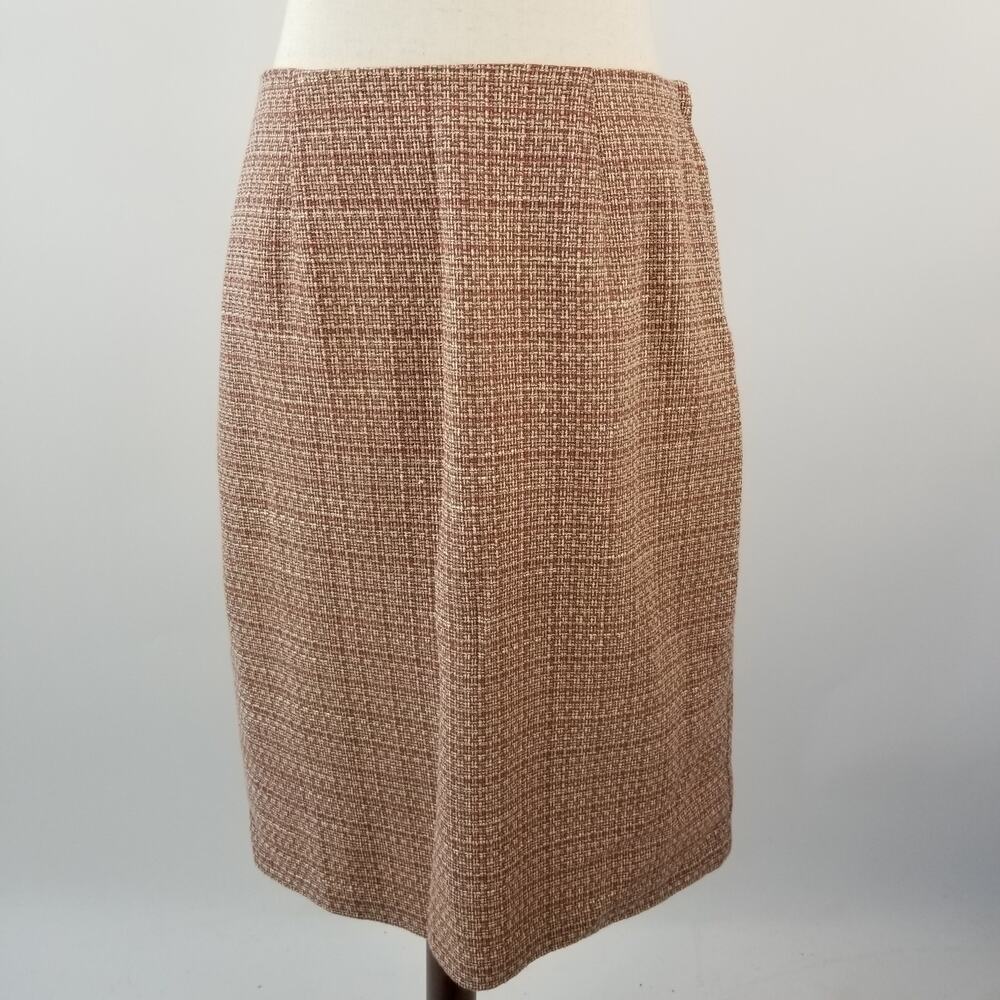 Villager Liz Claiborne Pink Cream Brown Tweed Lined Side Zip Skirt Size 10